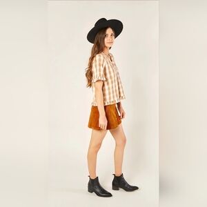 Plaid Ruffle Sleeve  Gingham Blouse - Cream and Orange Size XS